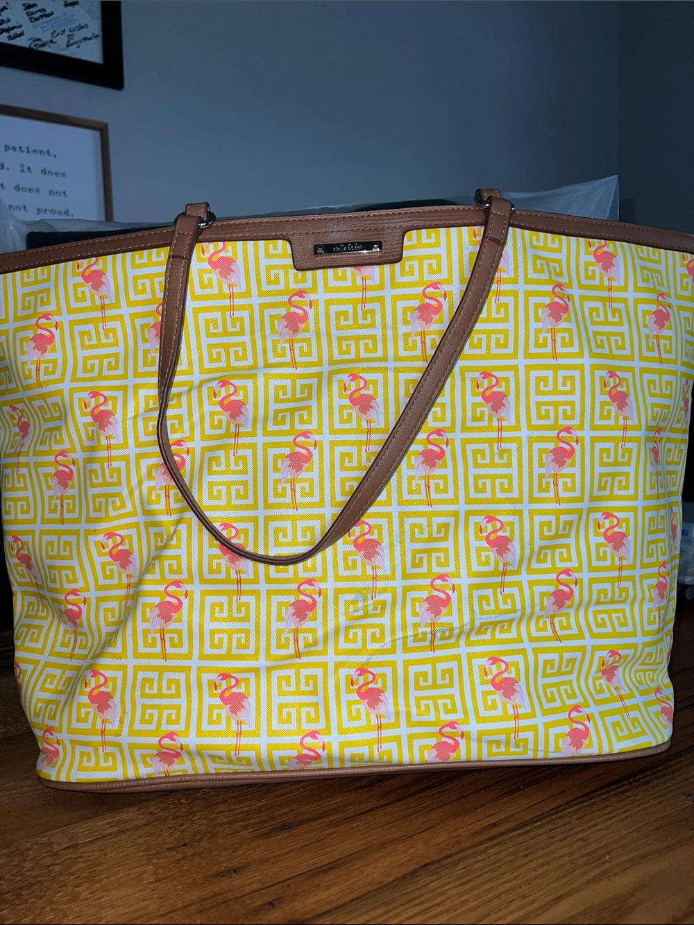 Stella & Dot Yellow Tote with Pink Flamingo Pattern and Brown Trim